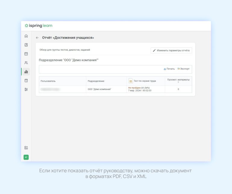 Если хотите показать отчёт руководству, можно скачать документ в форматах PDF, CSV и XML